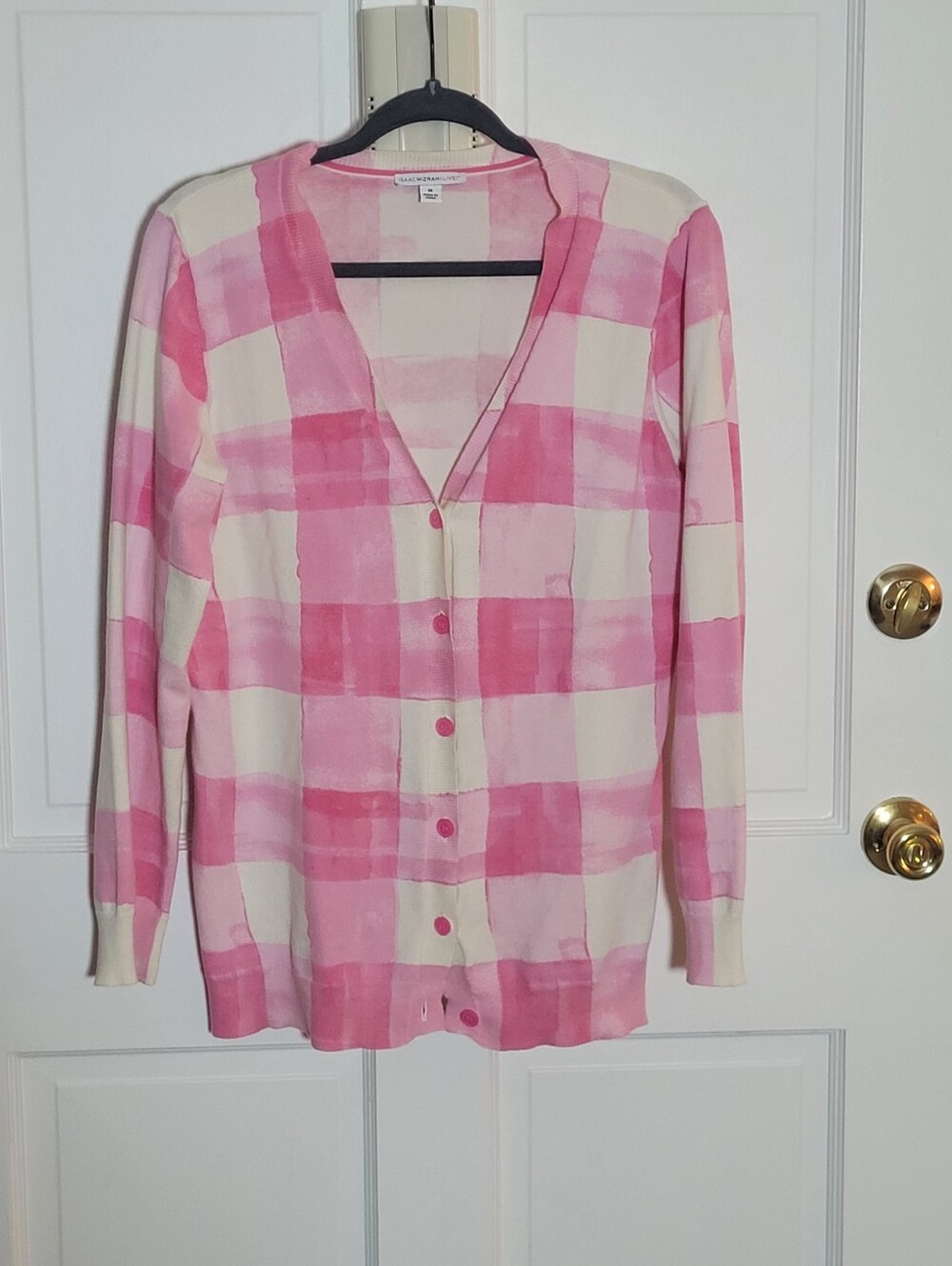 Isaac Mizahi Pink & White Check Cardigan Size M